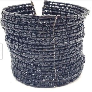 Vintage Handcrafted Cuff Bracelet Black Seed Bead Memory Wire Stretch